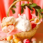 easter basket with a bunny inside and chicks around